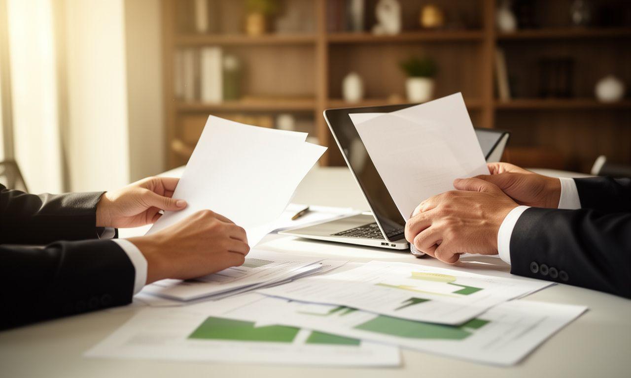 Abogados revisando documentos jurídicos en una mesa luminosa de despacho en Madrid con ordenador portátil abierto